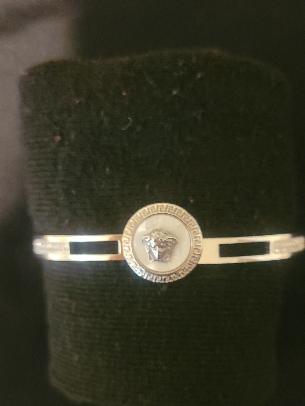 Versace Style Silver Medusa & Diamond Emblem Cuff Bracelet with Mother-of-Pearl